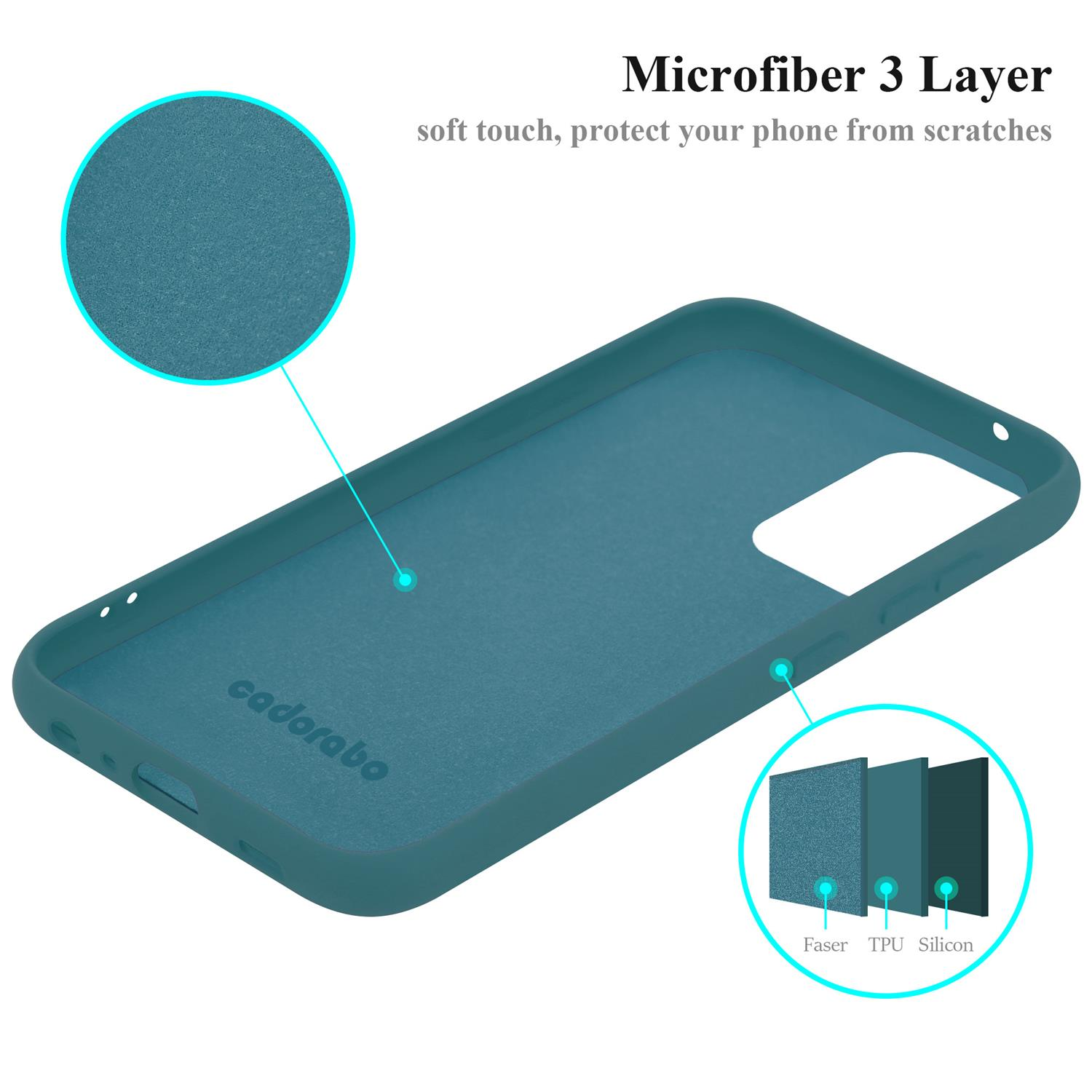 Eine tealfarbene Handyhülle mit einem Diagramm, das die Materialien zeigt: Faser, TPU und Silikon. Text sagt, dass es vor Kratzern schützt.