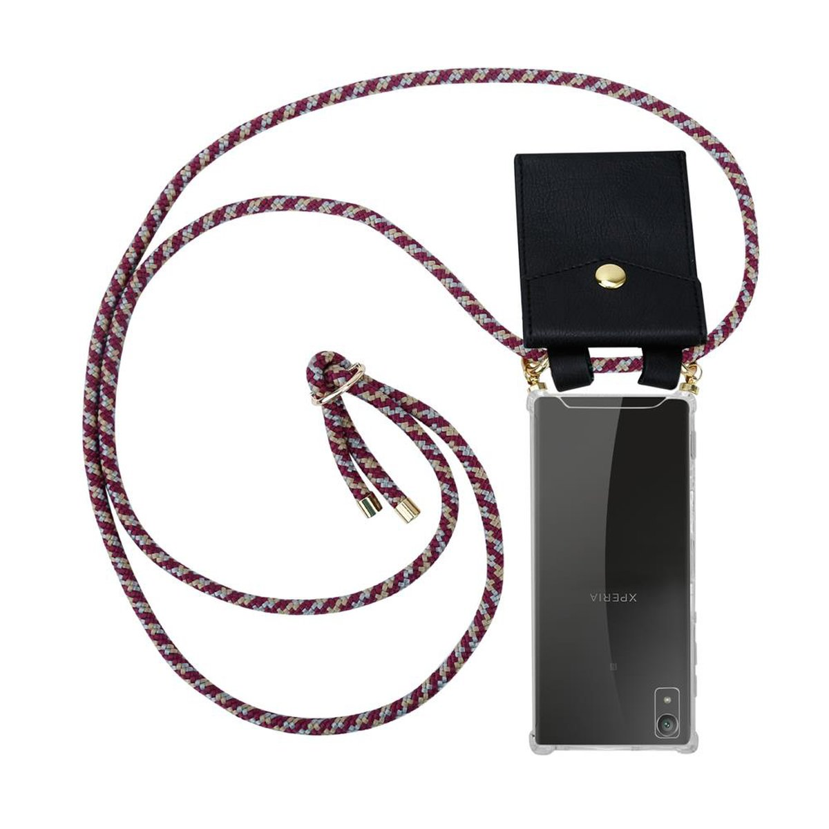 Handyhülle mit weinrotem Seil, schwarzem Telefonhalter und transparenter Handyhülle mit Xperia-Schriftzug.