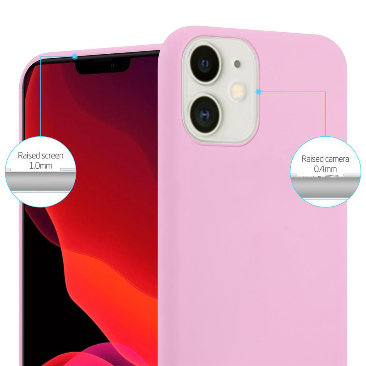 Una custodia per telefono rosa con schermo e fotocamera rialzati, che mostra il design di protezione.