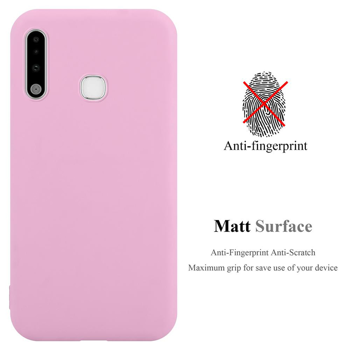 Una custodia per telefono rosa con sfondo bianco. Le parole "Anti-impronte", "Superficie opaca" sono visibili.