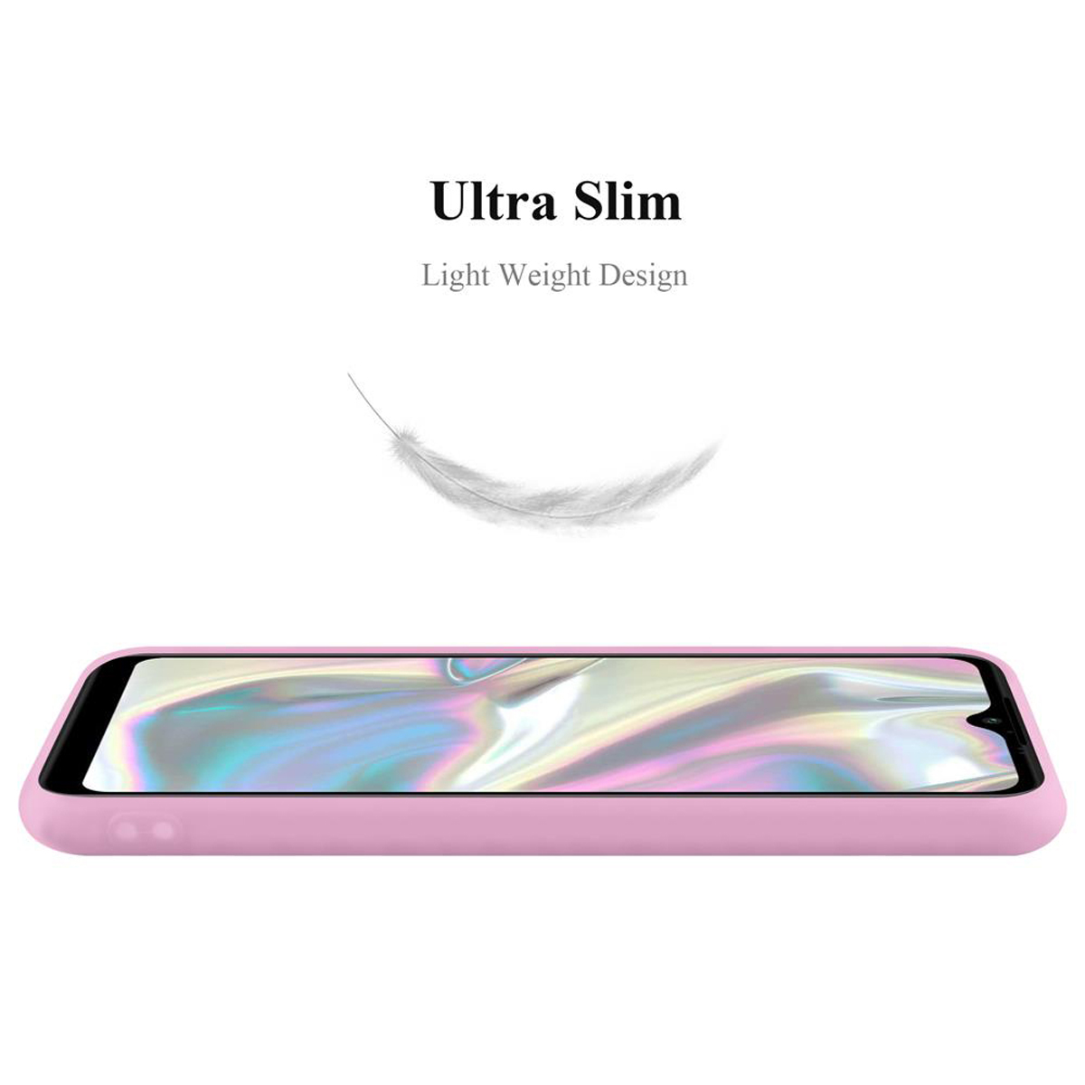 Custodia del telefono rosa di lato con testo: Ultra Slim e una piuma che fluttua sopra.