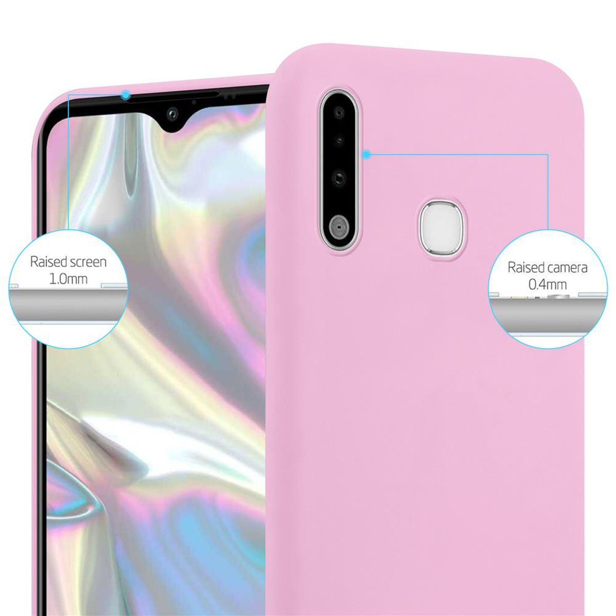 Custodia rosa con bordi rialzati. Schermo del telefono visibile. Sfondo bianco.