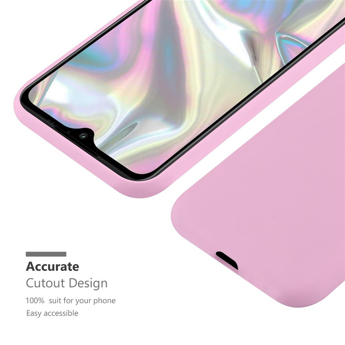 Una custodia rosa per telefono, che mostra la sua superficie e lo schermo del telefono da un'angolazione ravvicinata.