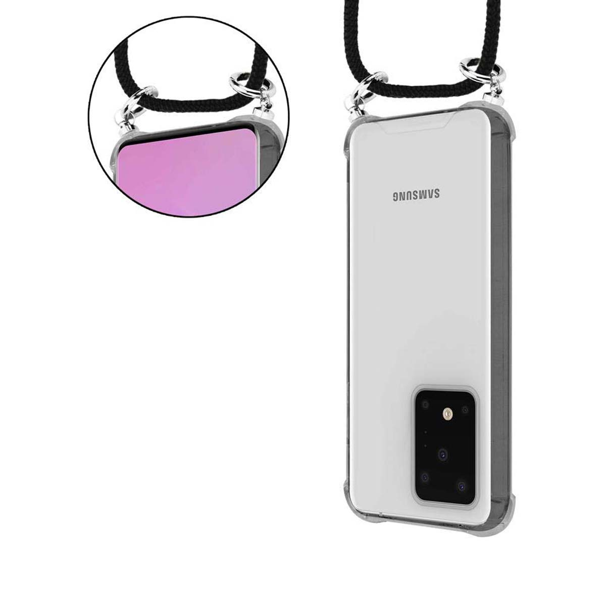 Telefono Samsung in una custodia trasparente con un cordino nero. Sono attaccati anelli dorati. Il telefono è visto dal retro.