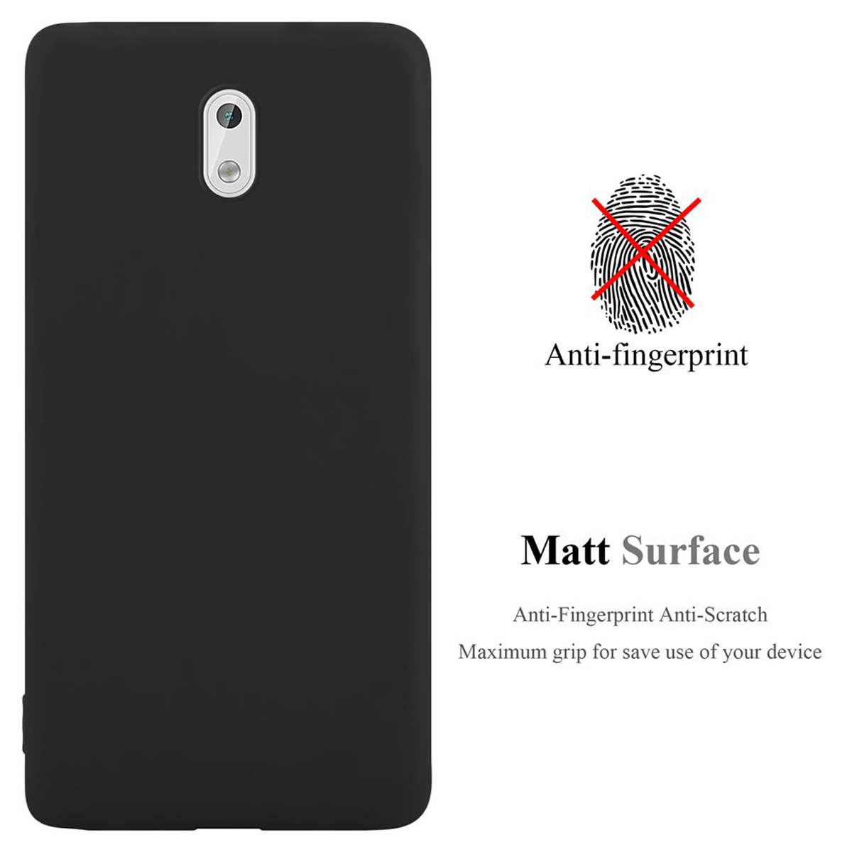 Schwarze Handyhülle mit Anti-Fingerabdruck-Text. Das Gehäuse ist schwarz und hat eine matte Oberfläche.