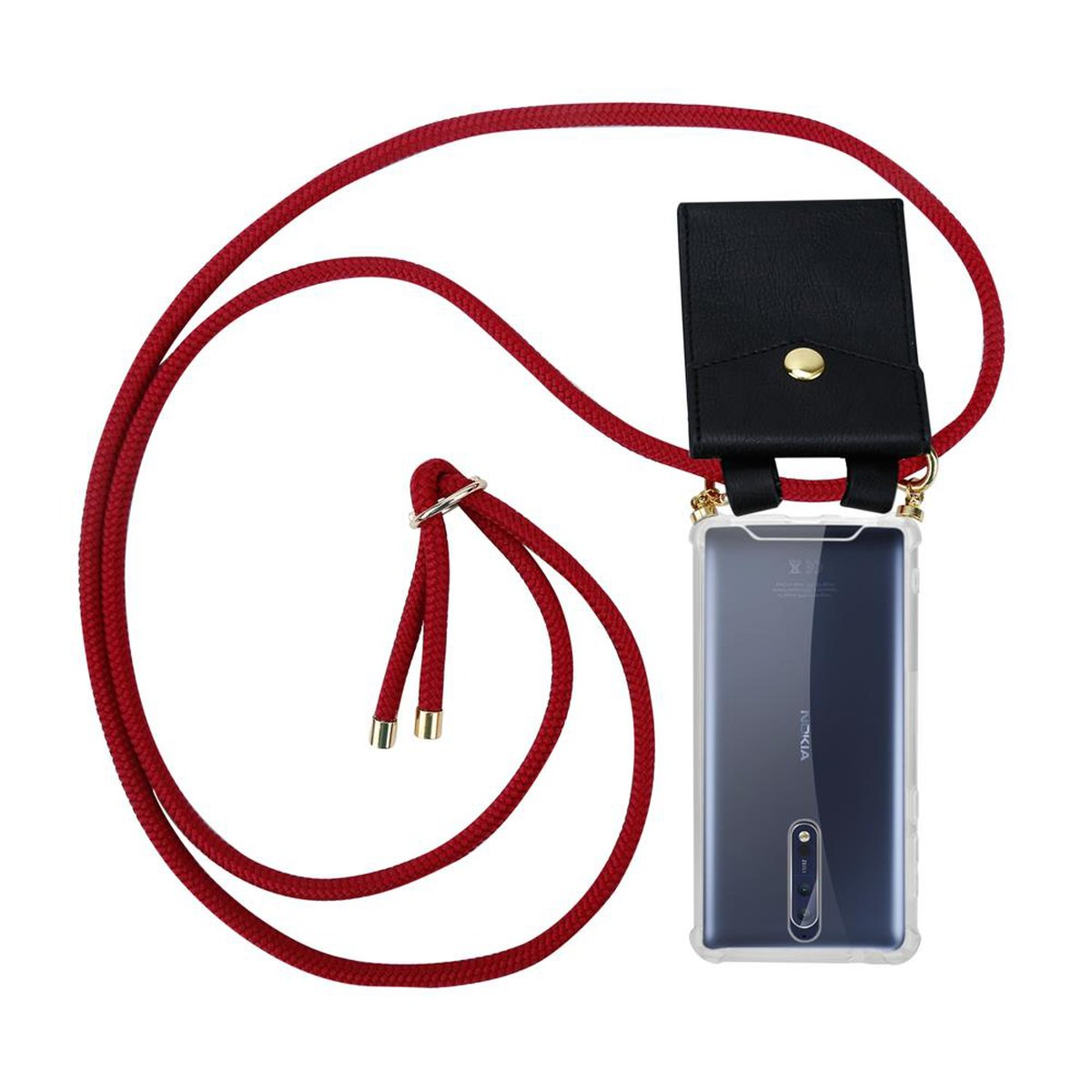Rotes Schnur-Handycase mit schwarzem Halter. Telefon ist sichtbar. Weißer Hintergrund.