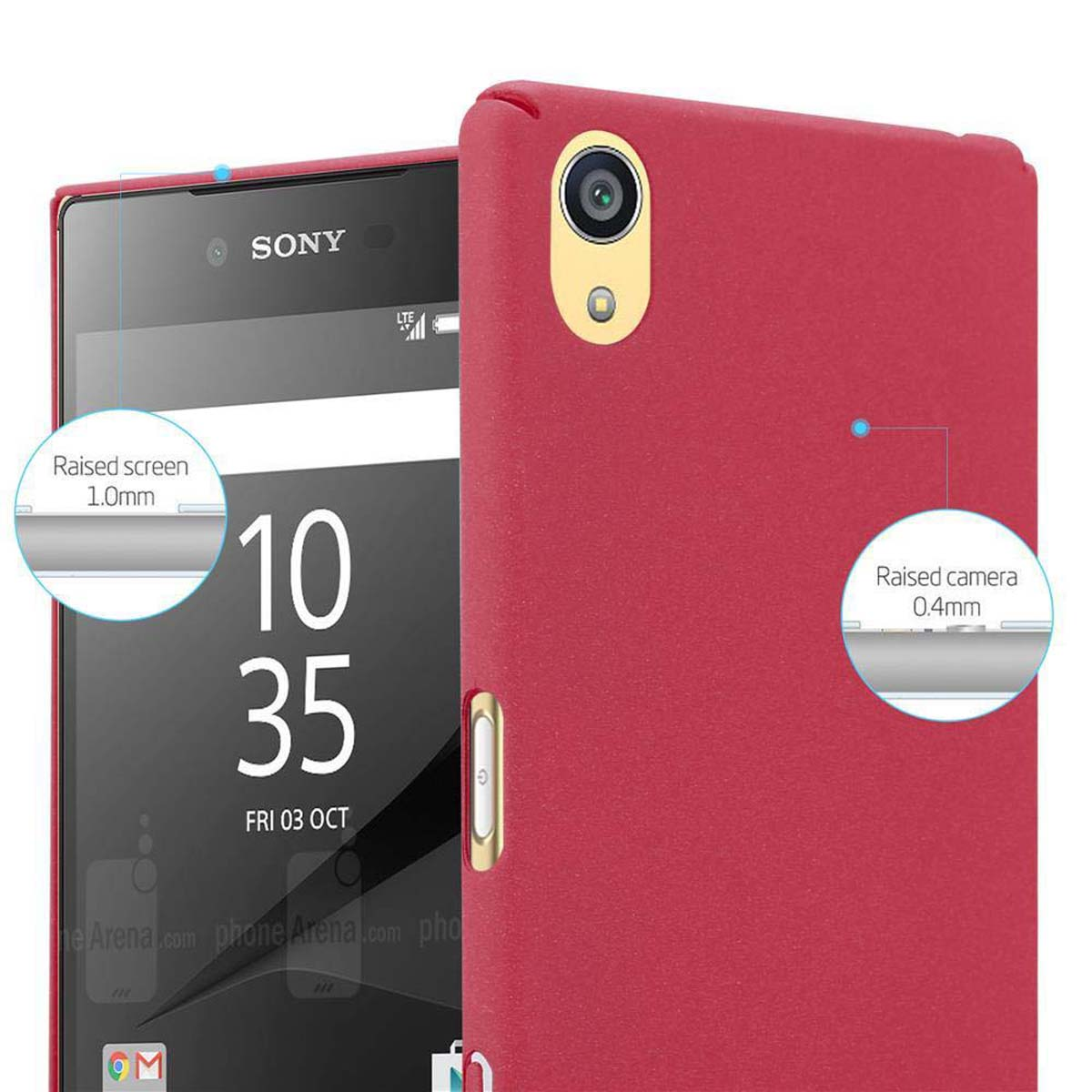 Un teléfono rojo con texto y un primer plano de la pantalla y la cámara. Detalles incluyen pantalla elevada.