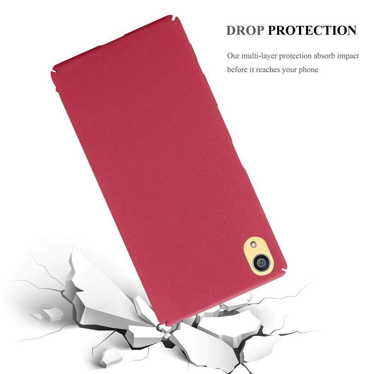 Funda de teléfono roja rompiendo hormigón. Texto: Protección contra caídas. Protección multicapa.