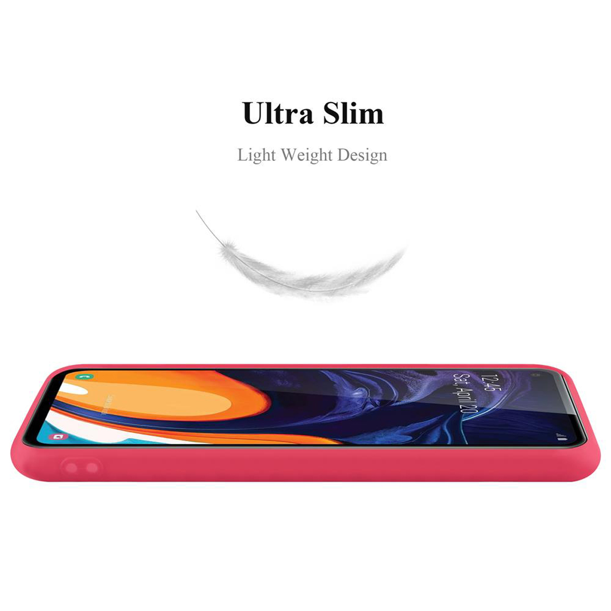Custodia del telefono rossa di lato. Testo: Ultra Slim. Piuma bianca. Sfondo bianco.