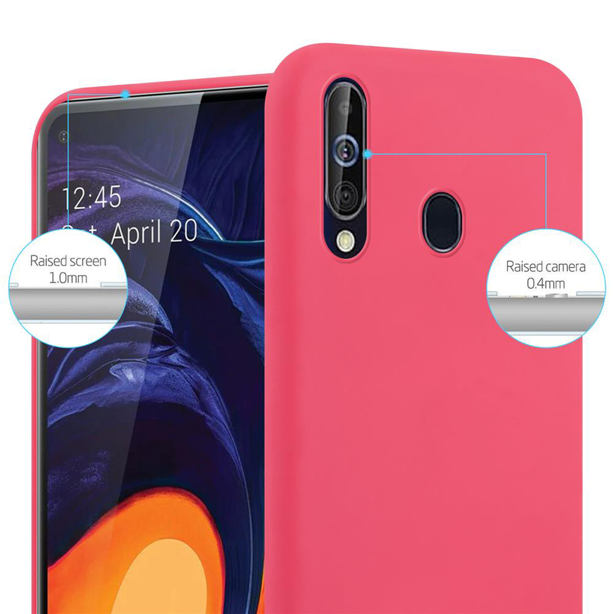Una custodia per telefono rosa con testo e dettagli sulla protezione rialzata dello schermo e della fotocamera.