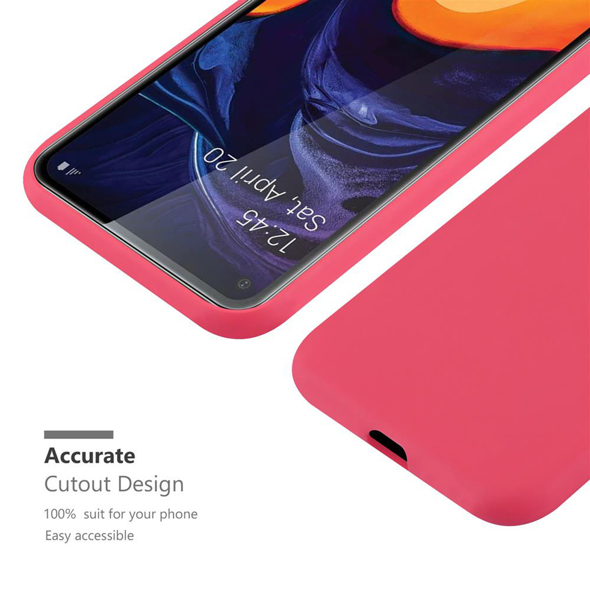 Custodia per telefono rossa con testo: Accurate Cutout Design. Il telefono mostra l'ora: 12:45, sab. 20 aprile.