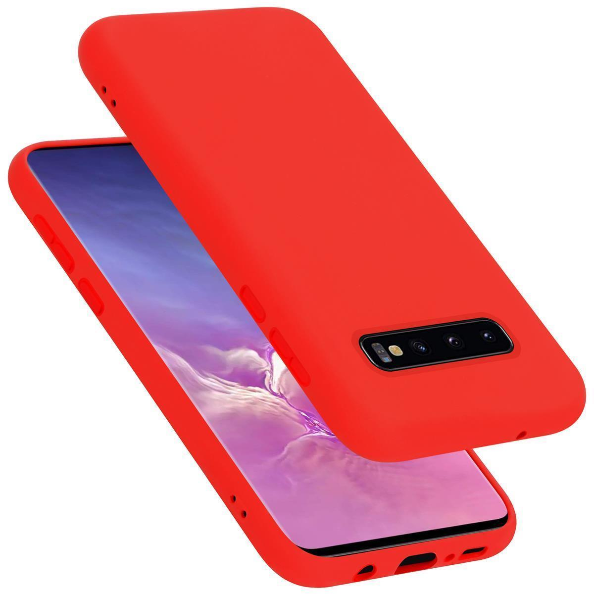 Due custodie rosse per telefono. Una in piedi, l'altra sdraiata. Entrambe rosse.
