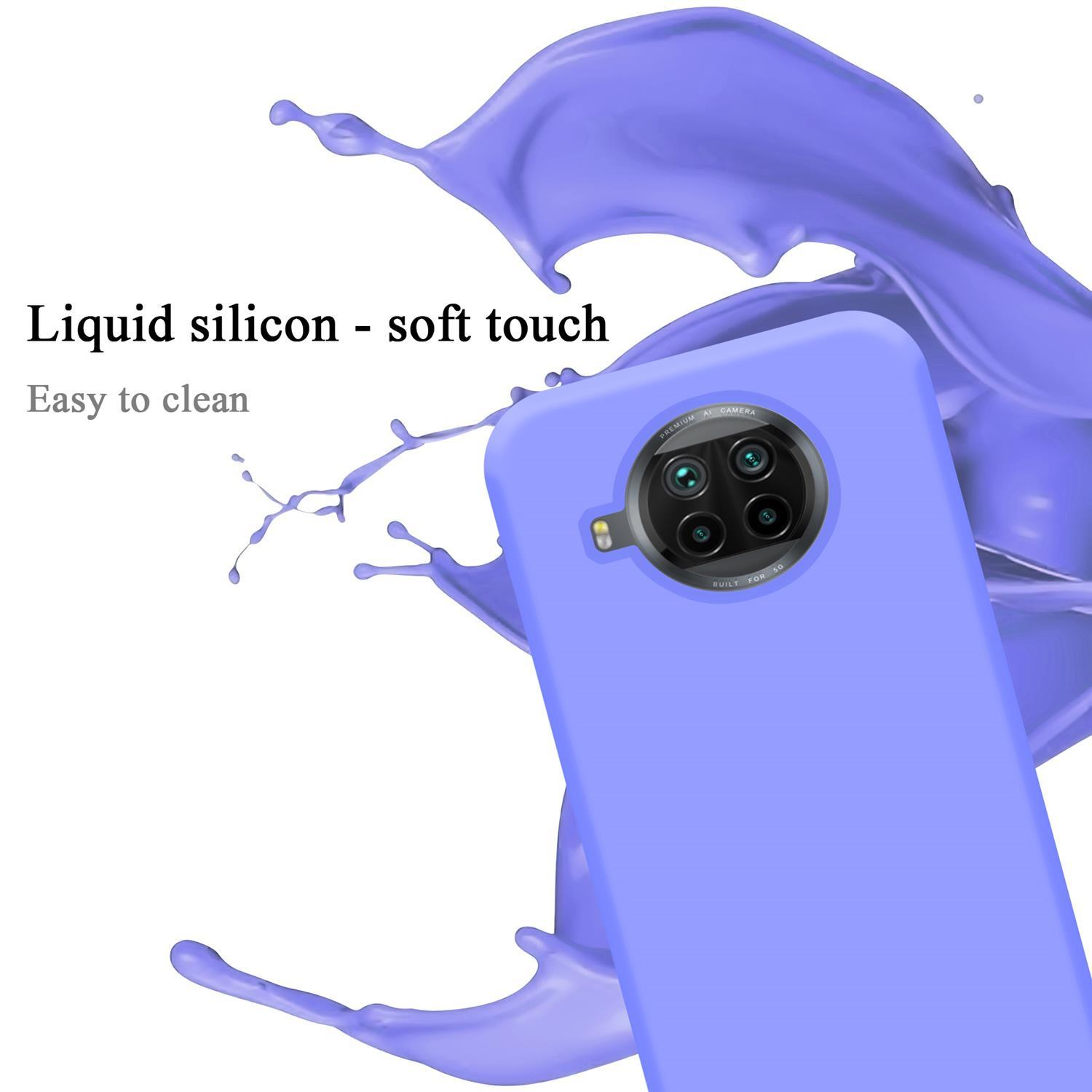 Eine hellviolette Handyhülle mit einem Flüssigkeitsspritzer im Hintergrund und dem Text 'Liquid silicone'.