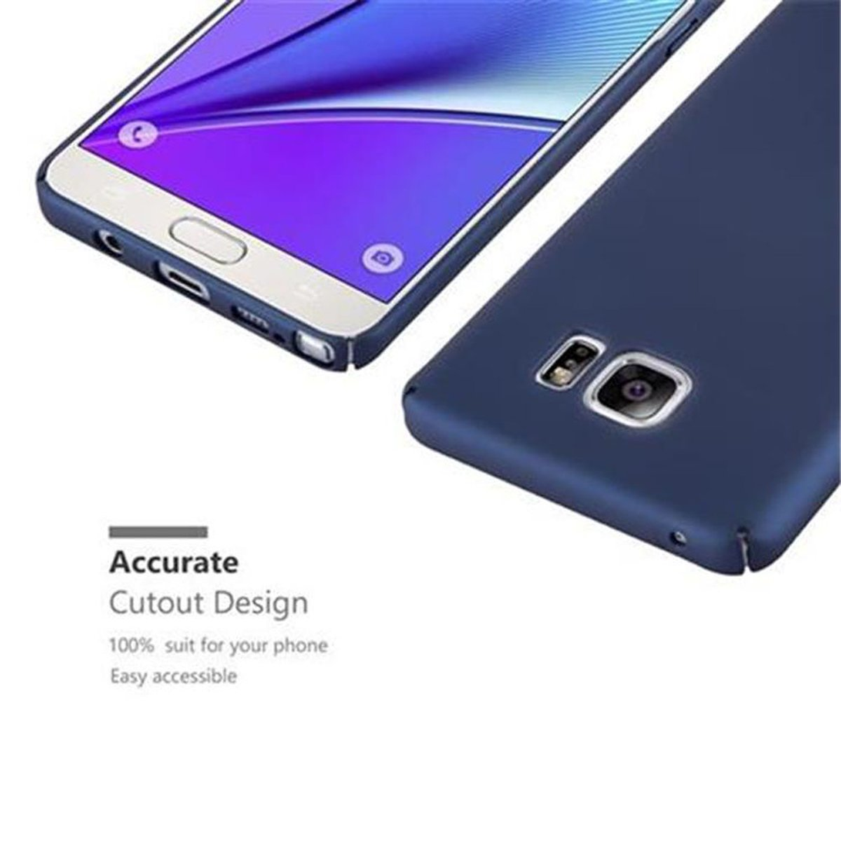 Ein Telefon in einer blauen Hülle mit Text über präzises Ausschnittdesign.