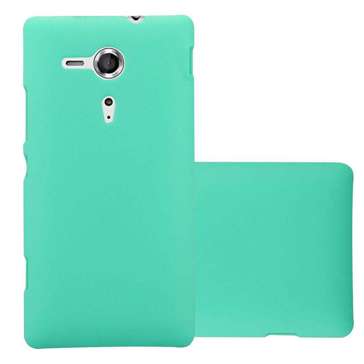 Una funda de teléfono verde azulado, con otra al lado. Fondo blanco. Cámara visible.
