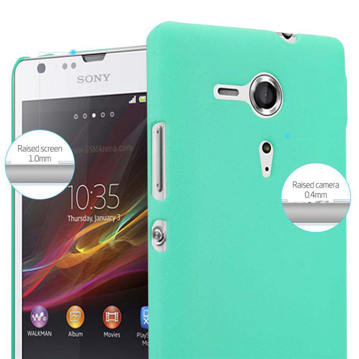 Teléfono con funda, texto: Pantalla elevada 1,0 mm y cámara elevada 0,4 mm.