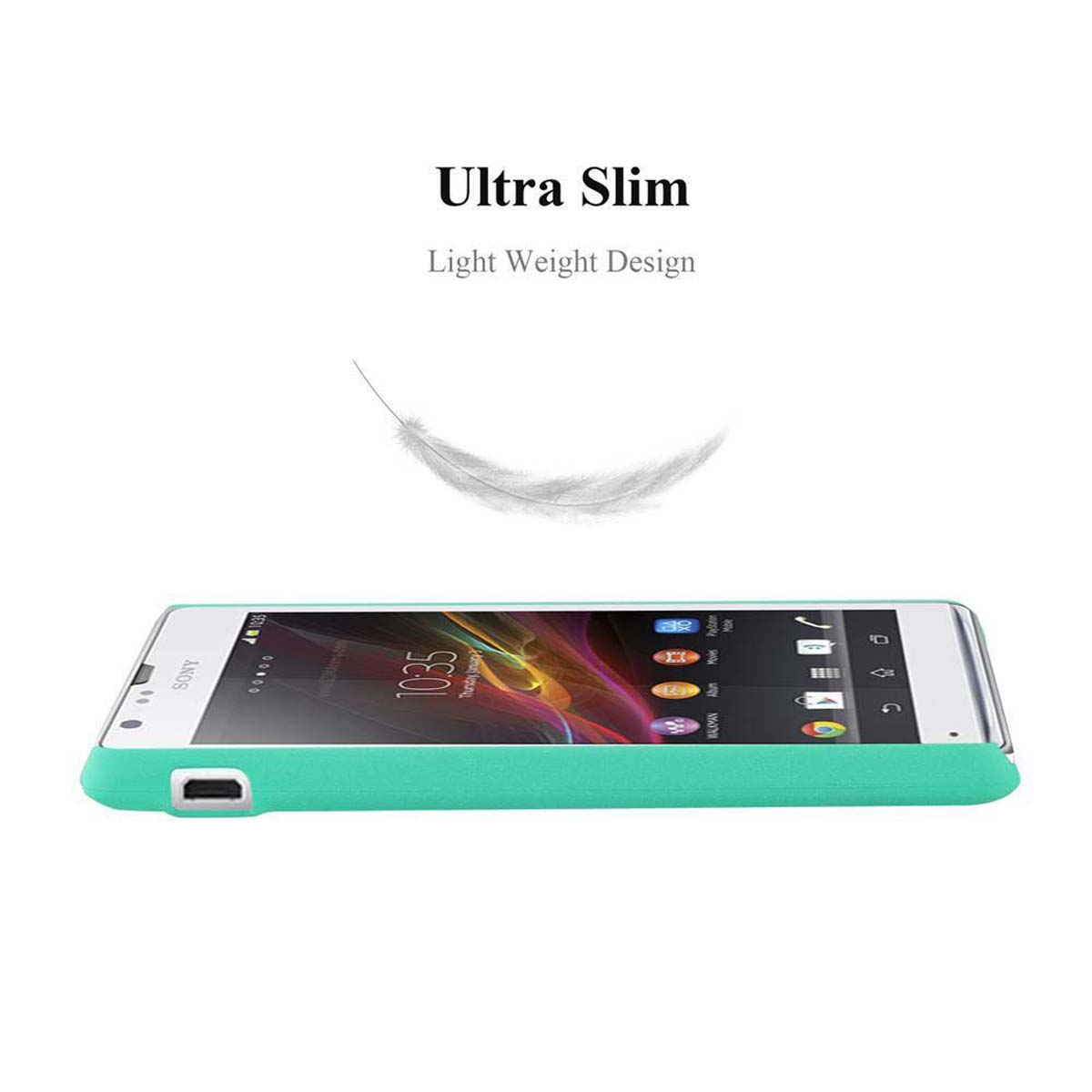 Un teléfono blanco en una funda verde. El texto dice Ultra Slim. Una pluma está al lado del teléfono. Fondo blanco.