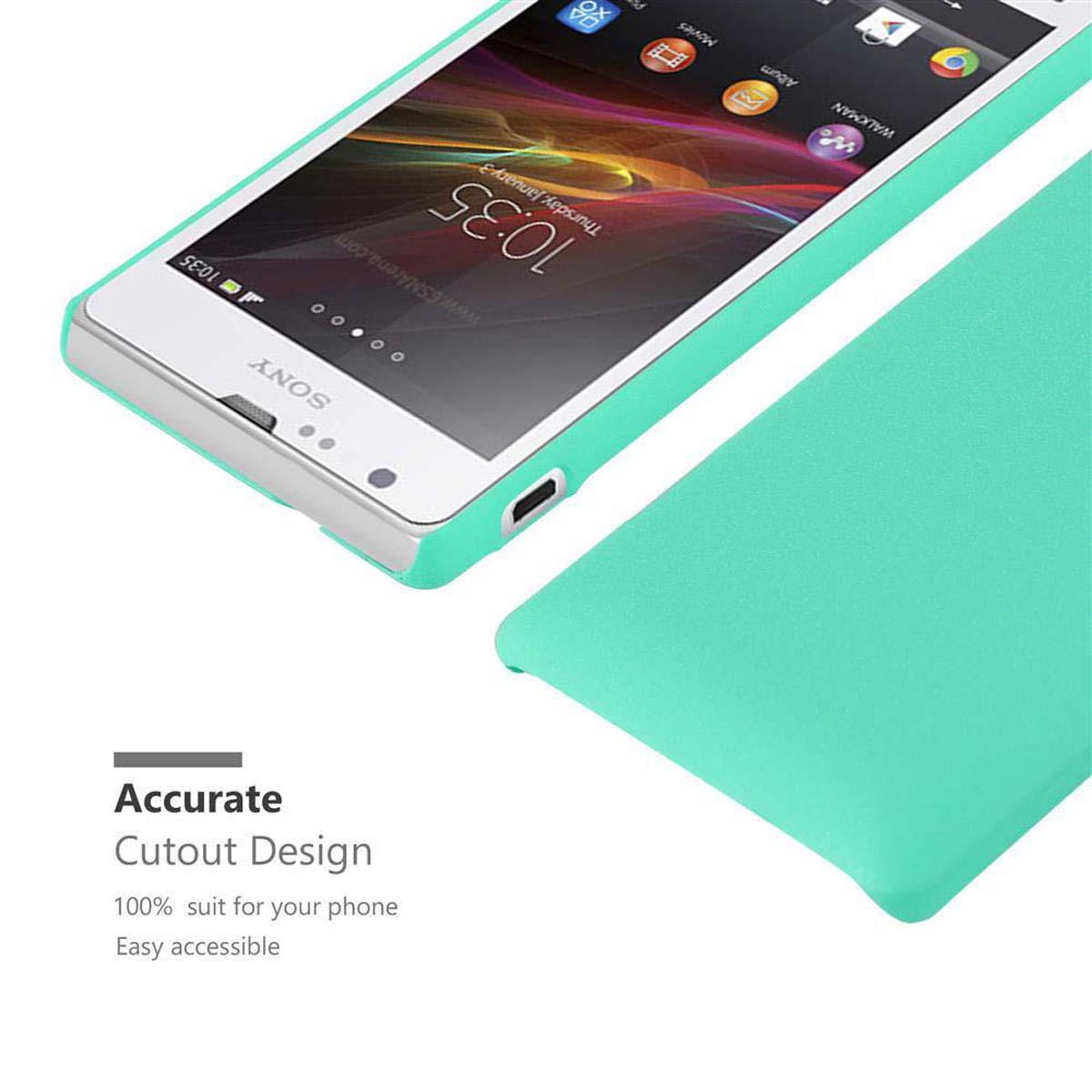 Funda verde en un teléfono blanco, con texto describiendo las características de la funda.