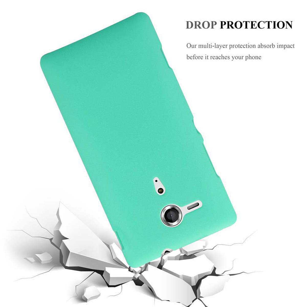 Una funda de teléfono verde con un teléfono, y el texto: PROTECCIÓN CONTRA CAÍDAS, con un efecto de suelo rompiéndose.