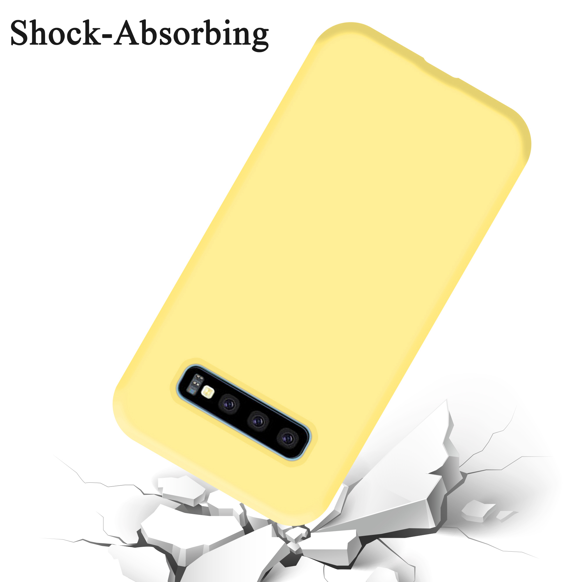 Eine gelbe Handyhülle mit einem Telefon mit Kameras und einem weißen Hintergrund mit Rissen.