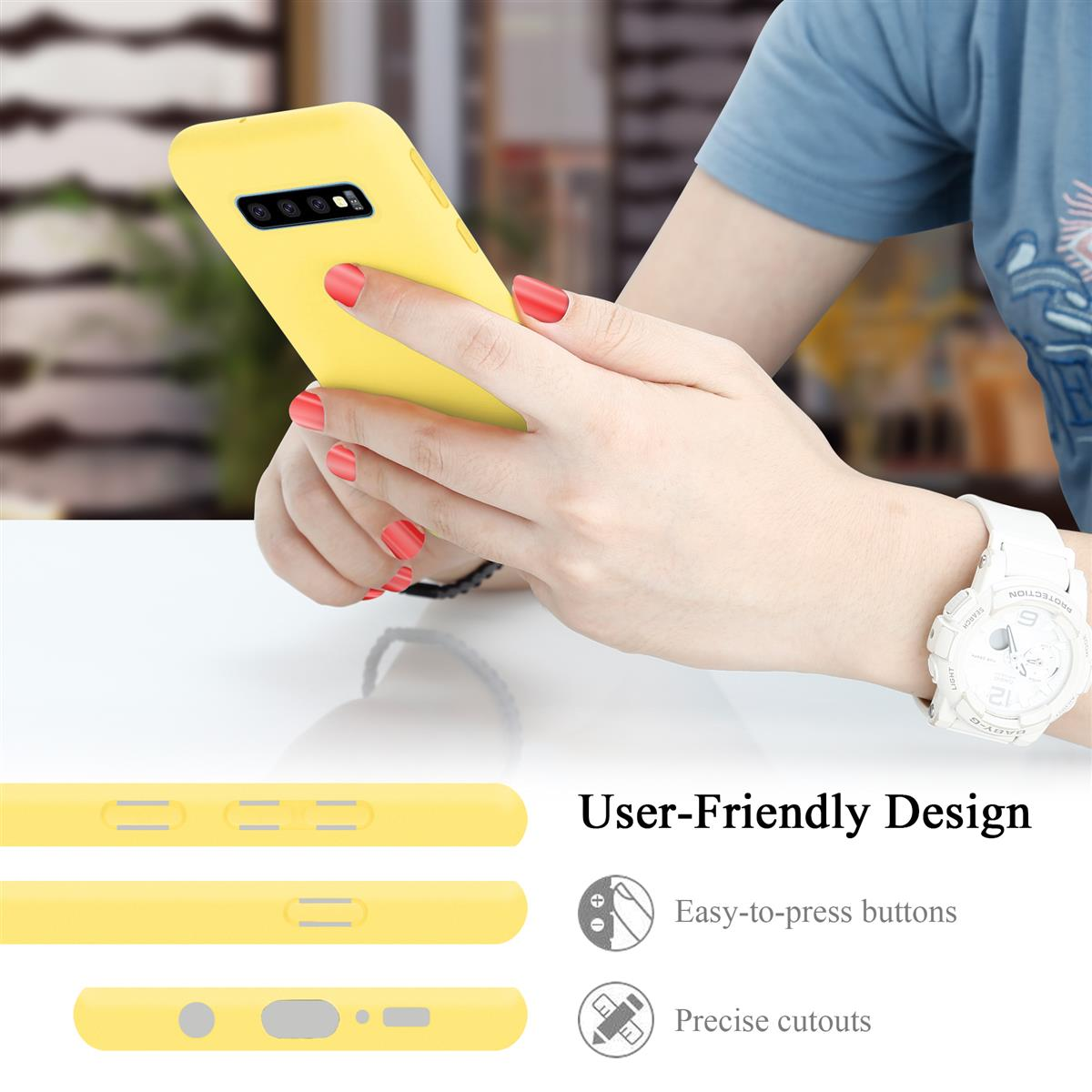 Person hält gelbes Telefon mit Hülle, Text über benutzerfreundliches Design.