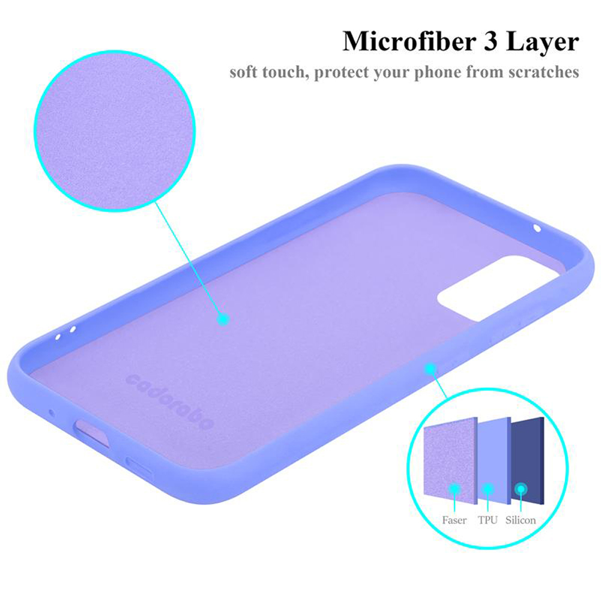 Custodia per telefono blu con un testo che spiega gli strati: Faser, TPU e Silicone. Sfondo bianco.