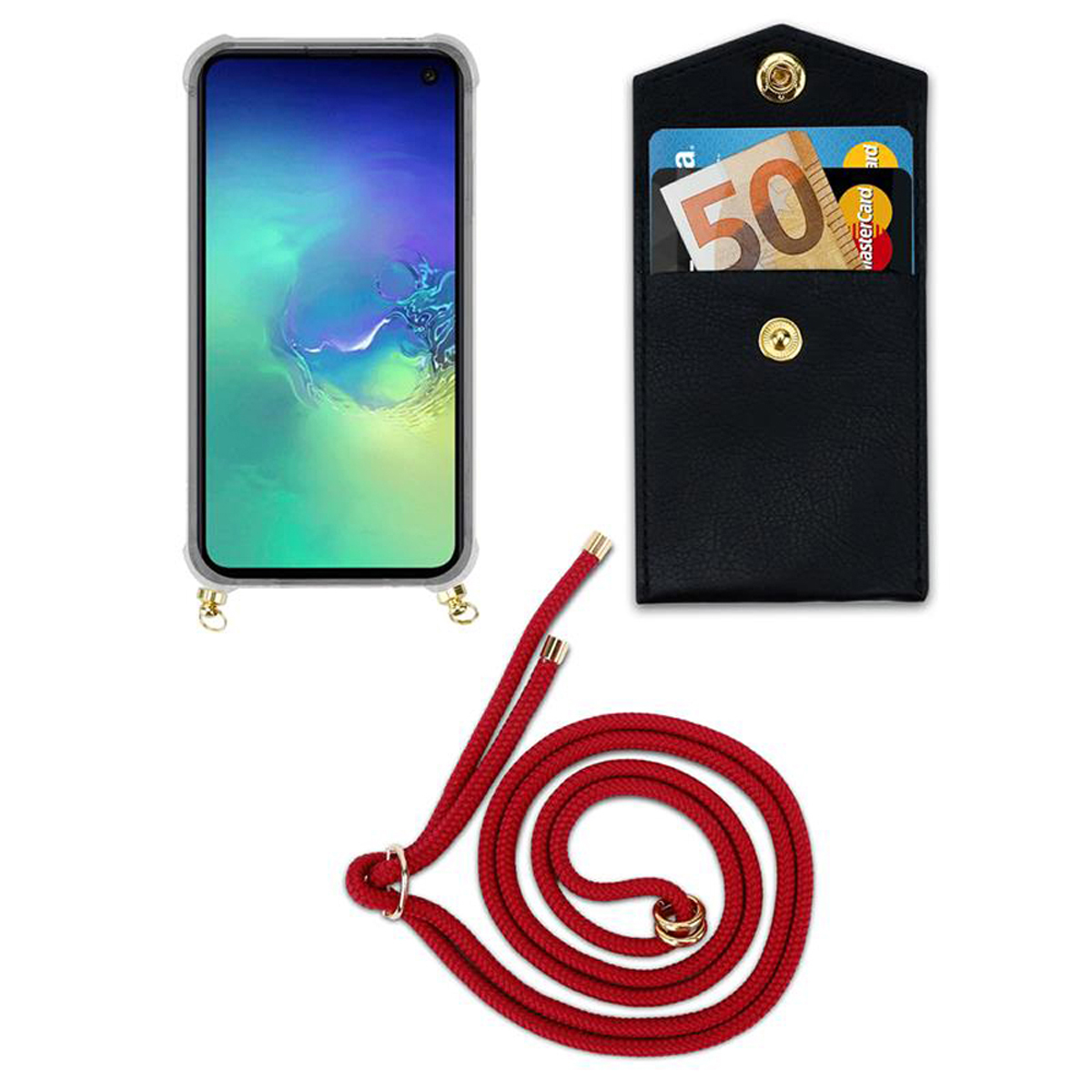 Un telefono e un portafoglio con carte e denaro, più un cordino rosso, giacciono su uno sfondo bianco.
