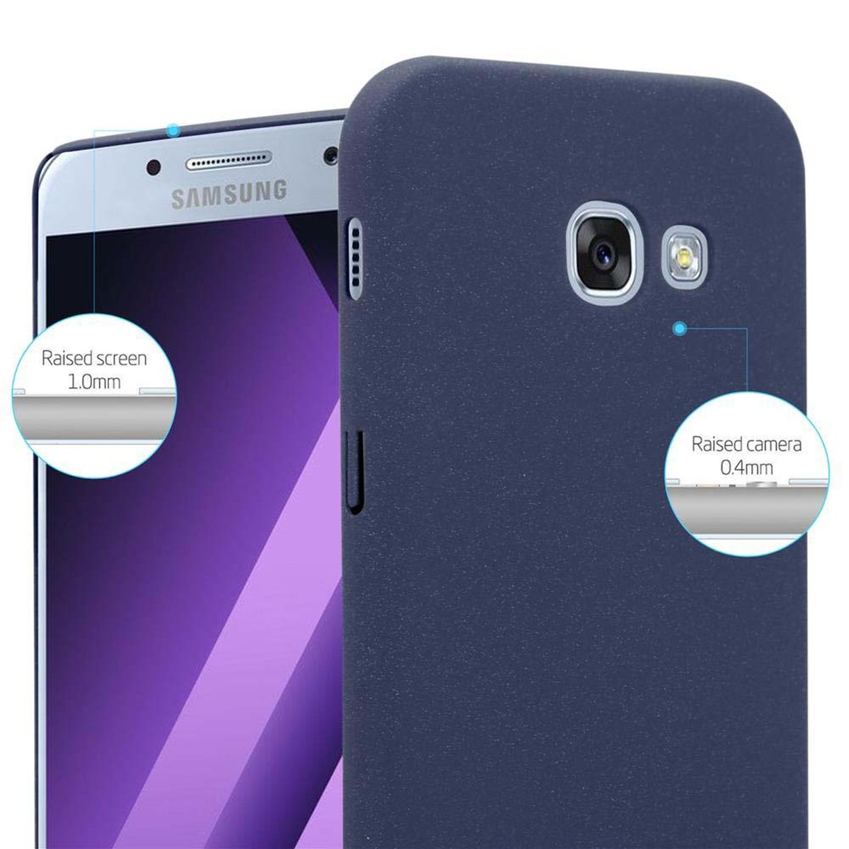 Nahaufnahme einer dunkelblauen Handyhülle mit Kamera- und Bildschirmschutzdetails und einem Samsung-Handy.