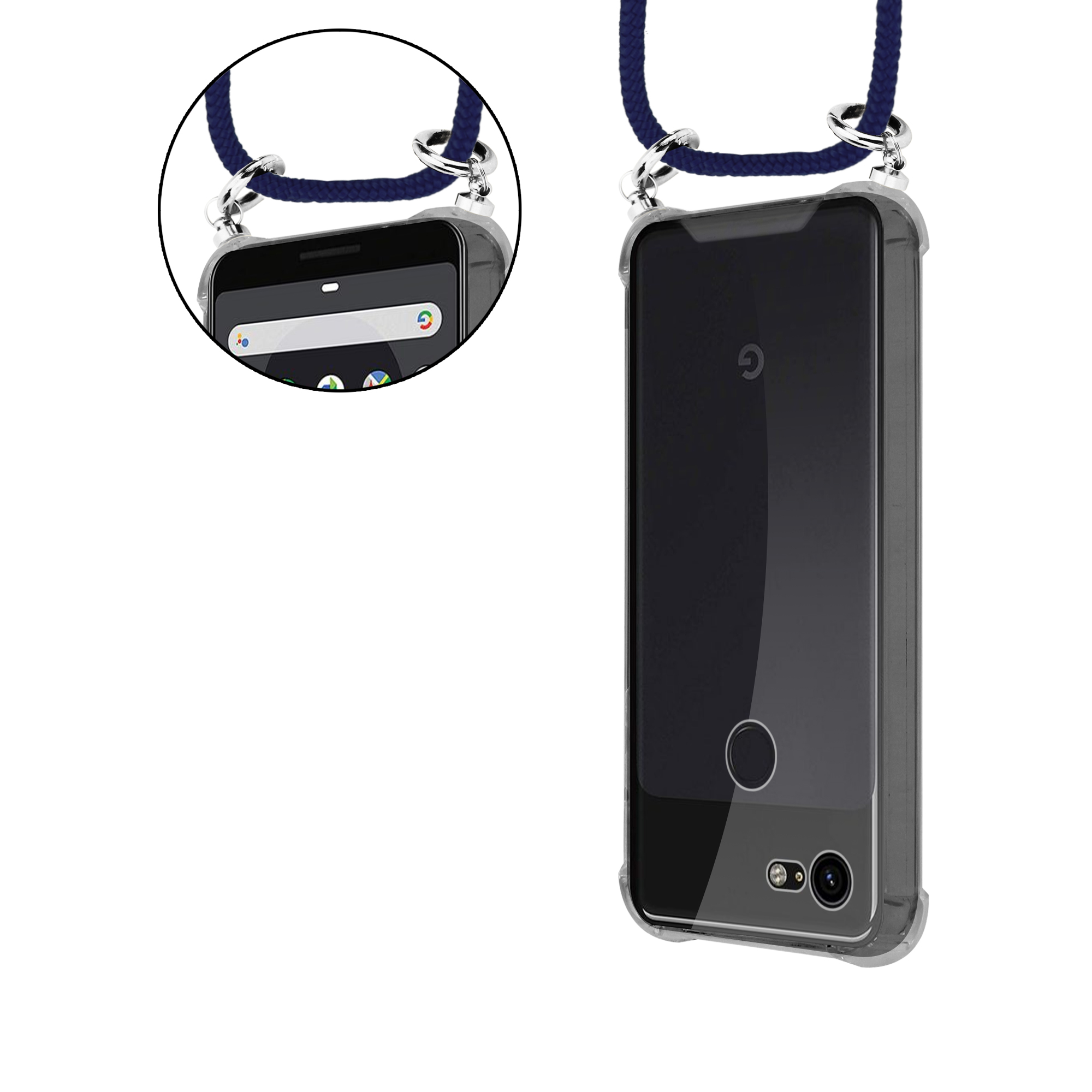 Telefon mit Lanyard. Nahaufnahme zeigt Telefondetails. Weißer Hintergrund.