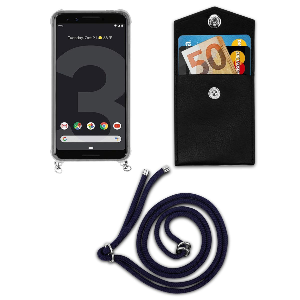 Ein Telefon mit Schlüsselband und Geldbörsenetui. Das Telefon zeigt die Uhrzeit und eine Google-Suchleiste.