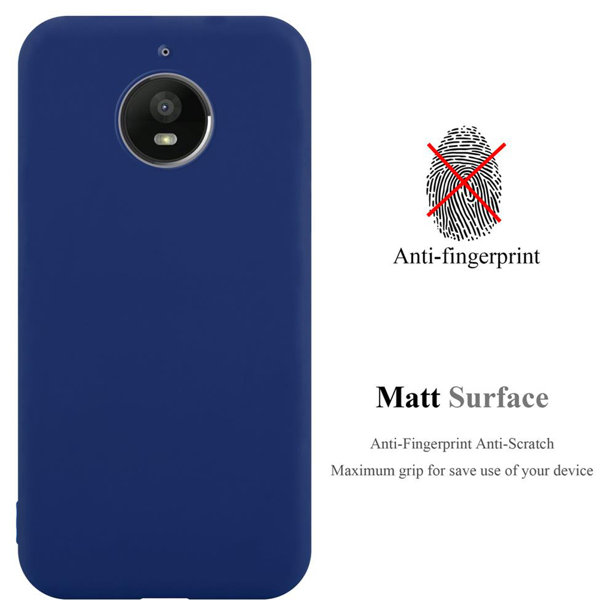 Dunkelblaue Handyhülle mit Anti-Fingerabdruck und matter Oberfläche. Weißer Hintergrund.