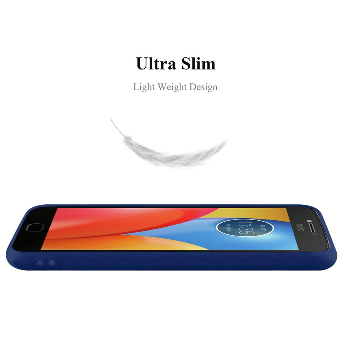 Eine blaue Handyhülle mit einem Telefon darin, von der Seite gesehen, und eine weiße Feder, die über der Hülle schwebt.