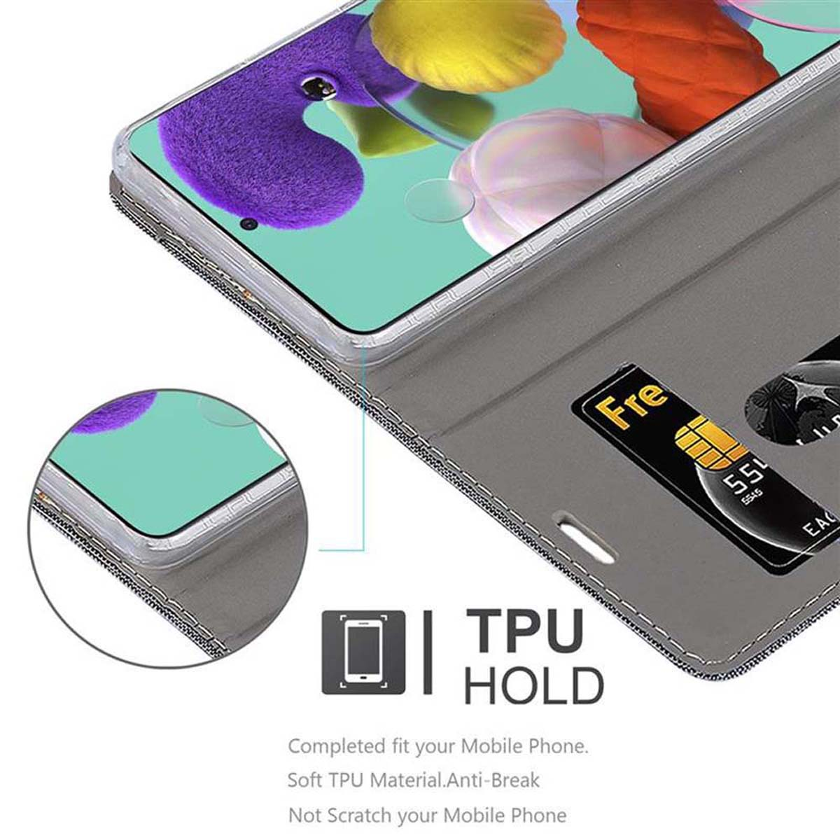 Primo piano di una custodia grigia per telefono con fessura per schede e telefono. Sfondo bianco.