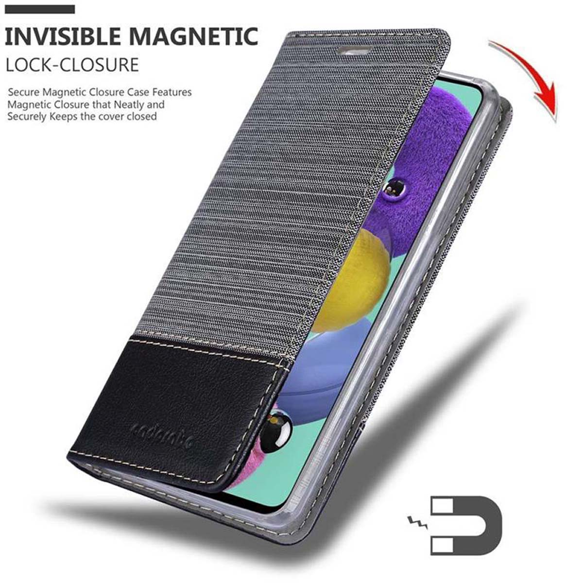 Custodia per telefono con coperchio aperto, testo: 'INVISIBLE MAGNETIC LOCK-CLOSURE'. Il telefono è dentro.
