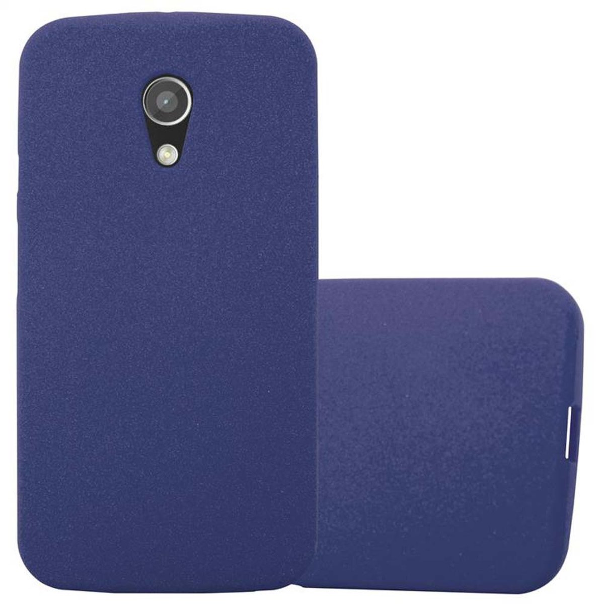 Dos fundas de teléfono azul marino, una vertical y otra horizontal, sobre fondo blanco.