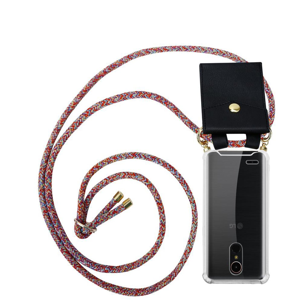 Telefon mit Lanyard. Mehrfarbiges Seil, schwarze Handyhülle, schwarzes Telefon mit LG-Logo.