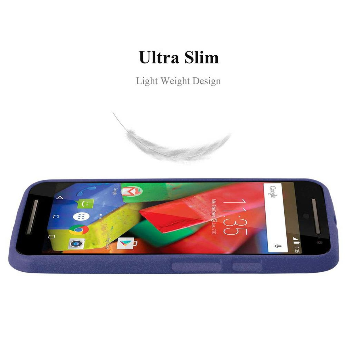 Un teléfono en una funda azul, con una pluma en el fondo y las palabras 'Ultra Slim'.