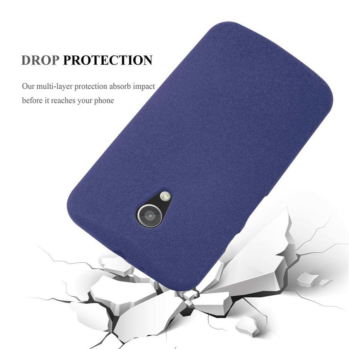 Una funda azul para teléfono sobre una superficie blanca. El texto dice 'Protección contra caídas' y describe la absorción de impactos.