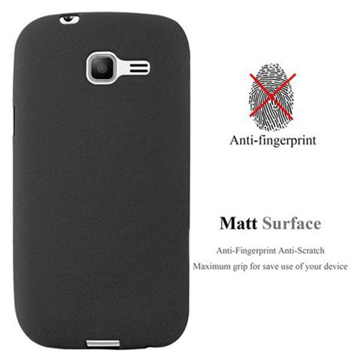 Funda de teléfono negra con texto anti-huellas y símbolo de huella dactilar sobre fondo blanco.
