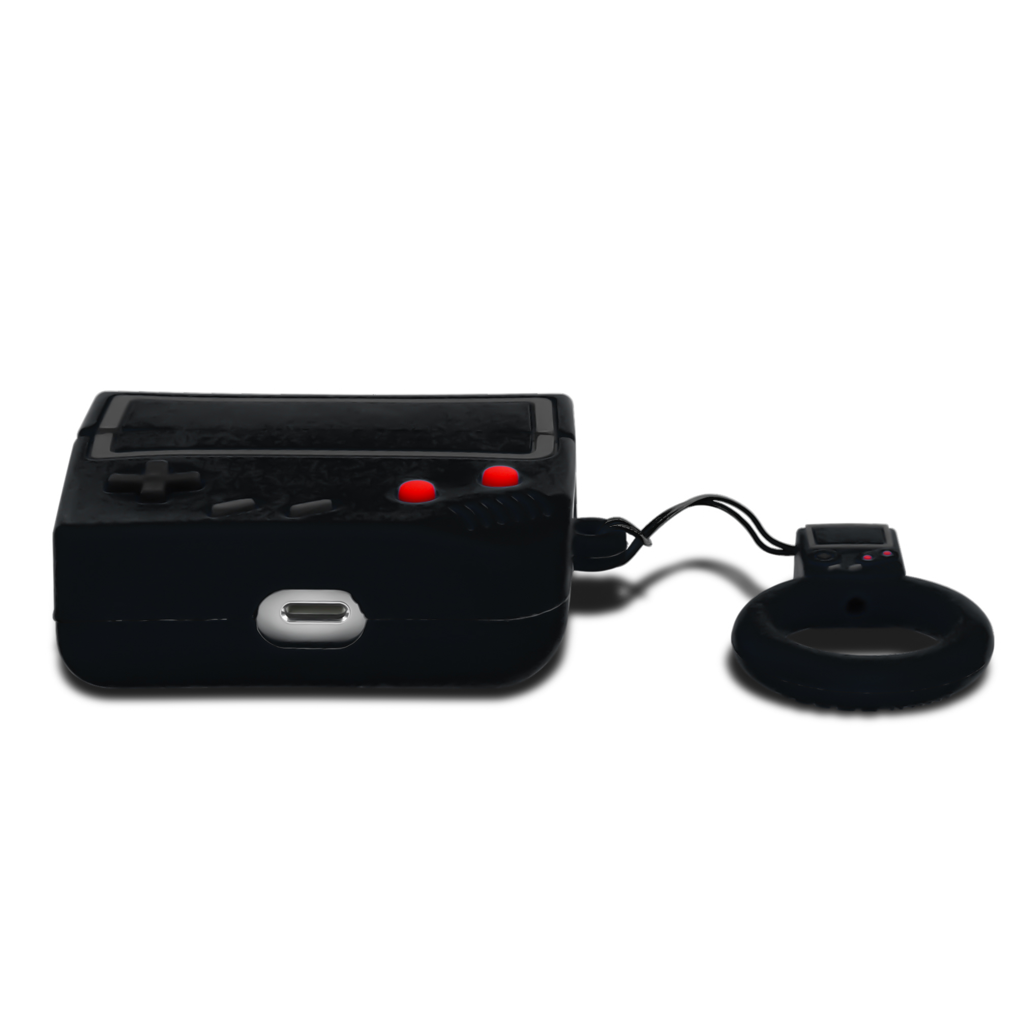 Schwarze Spielkonsole im Retro-Stil mit Handschlaufe und Controller.