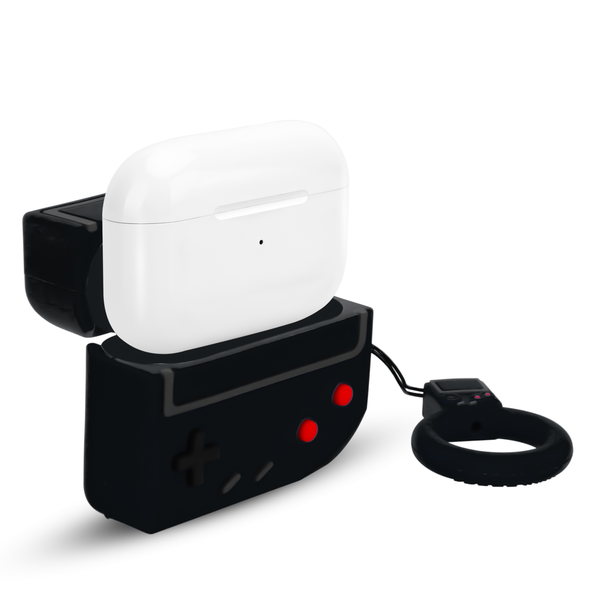 Ein weißes AirPod-Etui in einem schwarzen Gamecontroller-Etui mit einem schwarzen Handgelenkband.