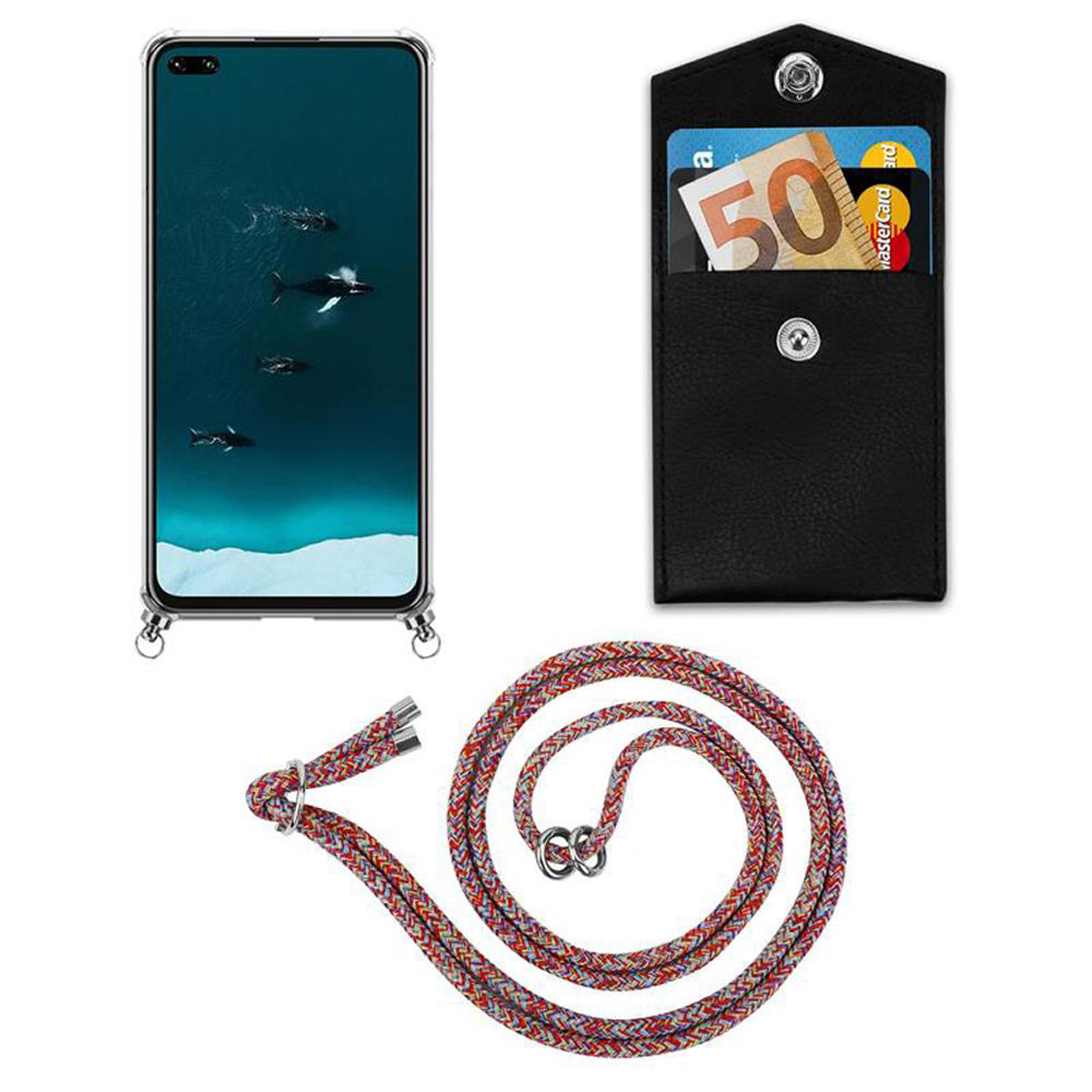 CADORABO Handy Kette mit COLORFUL Backcover, Band Hülle, Kordel PARROT und Silber abnehmbarer Ringen, 30, View Honor