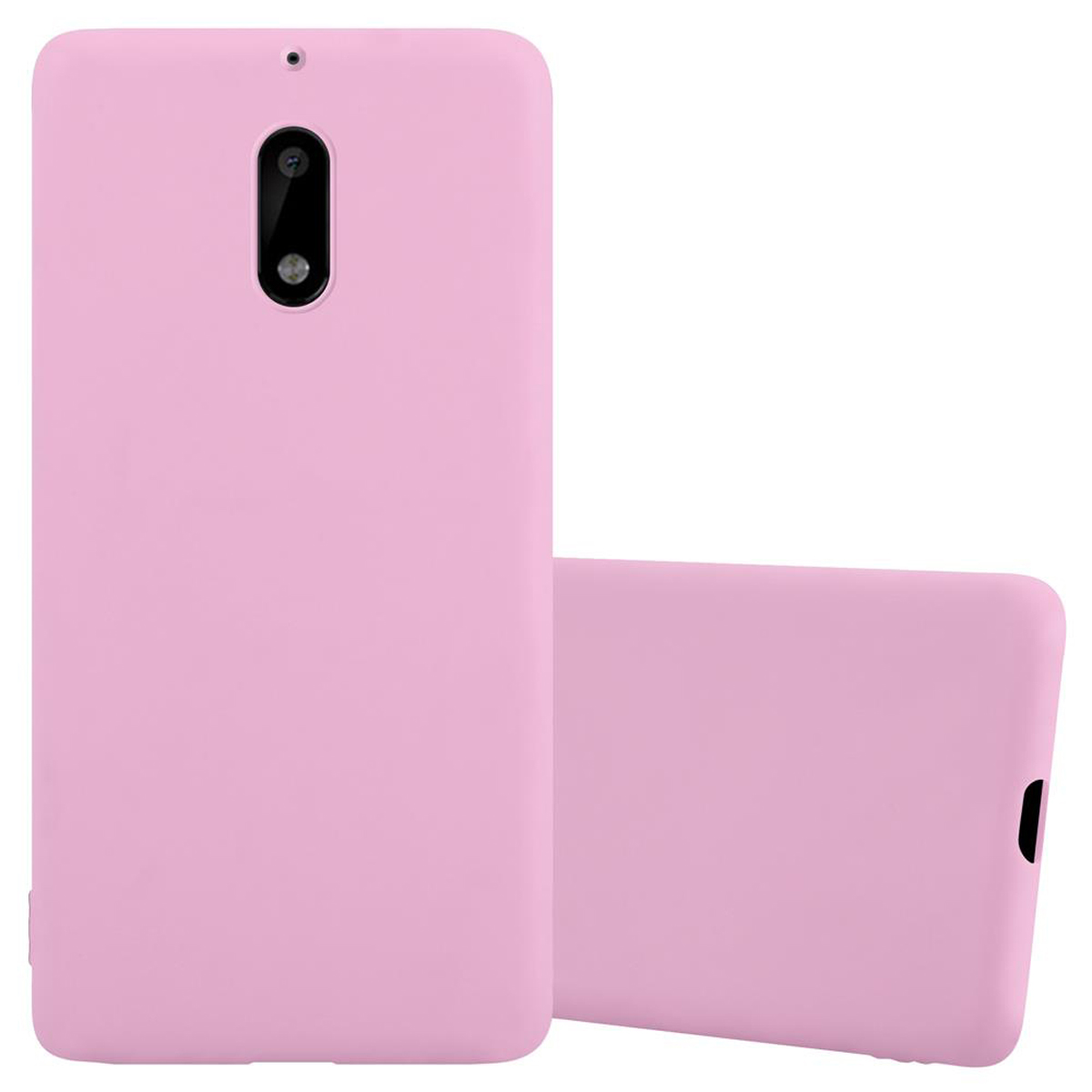 Due custodie per telefono rosa chiaro, una in piedi e una di lato, su sfondo bianco.