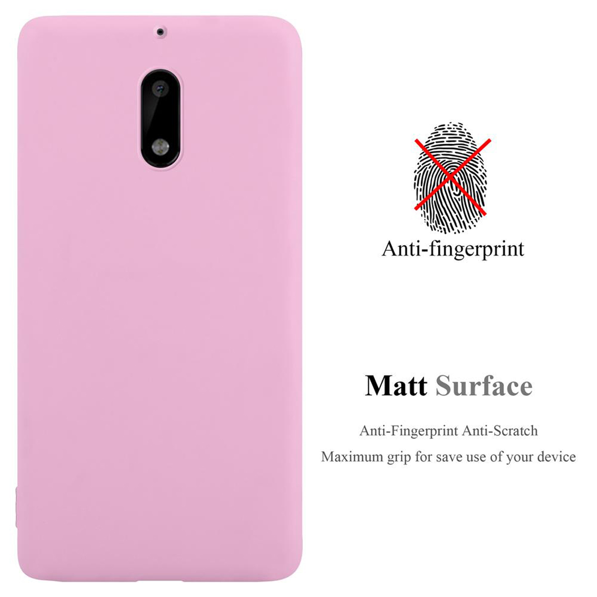Custodia rosa per telefono con foro nero per fotocamera. Testo anti-impronta e superficie opaca. Sfondo bianco.
