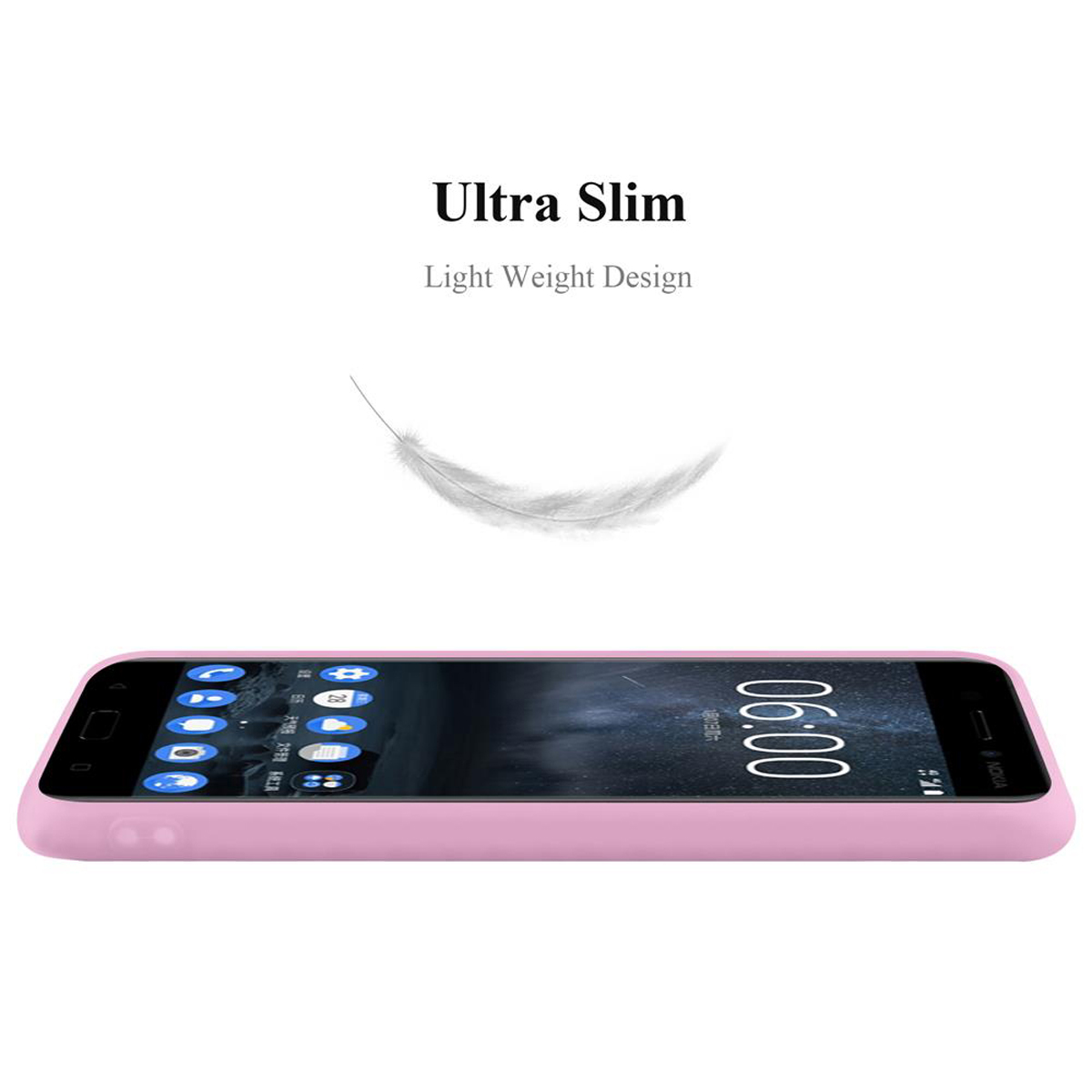Custodia rosa con telefono. Testo: 'Ultra Slim Light Weight Design'.