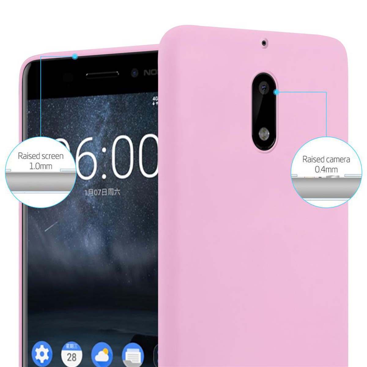 Una custodia per telefono rosa con le parole 'Raised screen 1.0mm' e 'Raised camera 0.4mm'.
