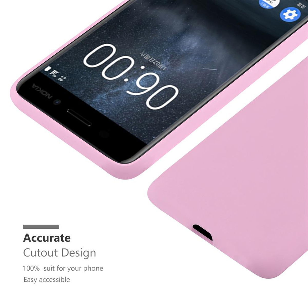 Una custodia per telefono rosa con l'ora 06:00 visualizzata. Lo sfondo è chiaro.