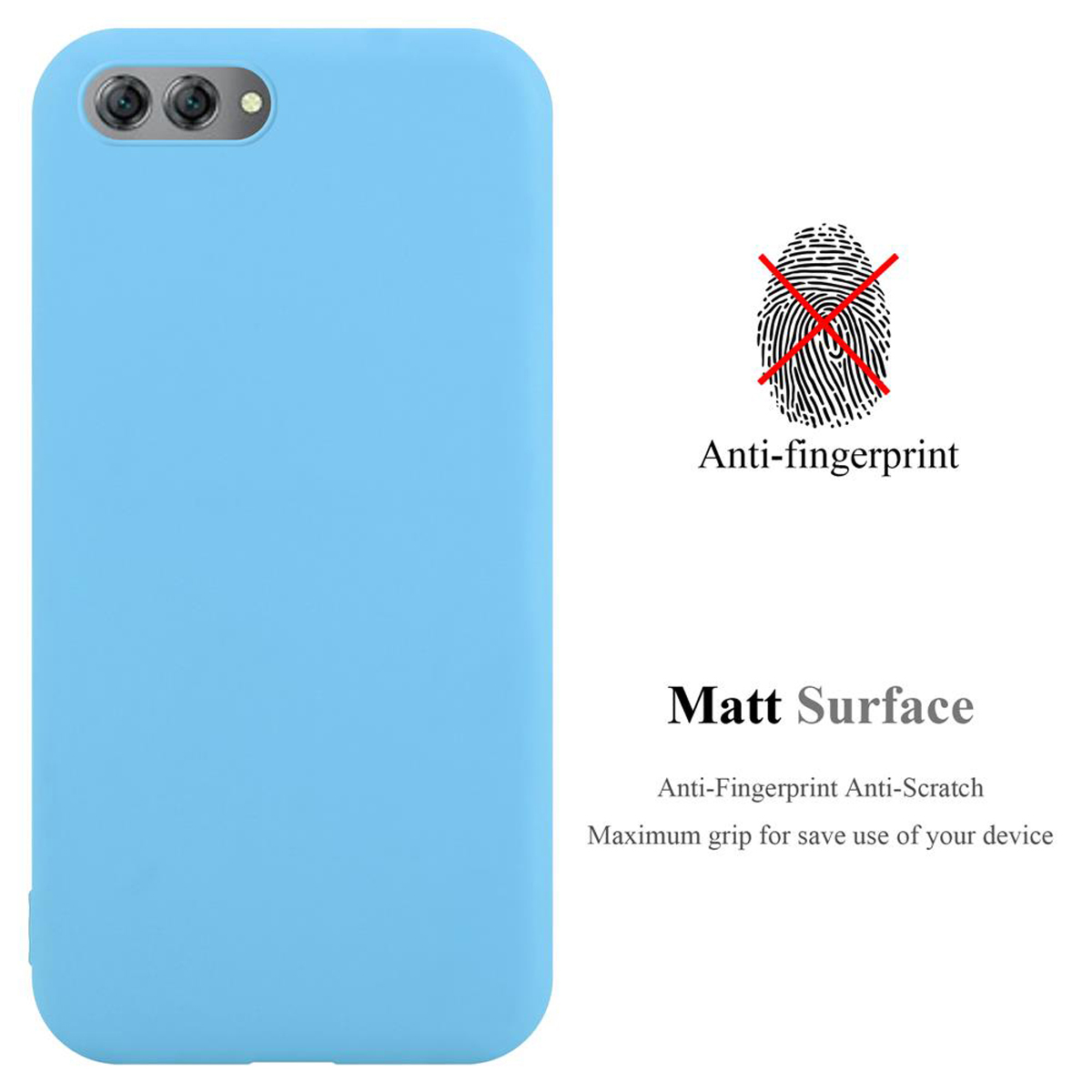 Custodia del telefono blu con un simbolo di impronta digitale sbarrato. Il testo dice 'Anti-fingerprint' e 'Matt Surface'.