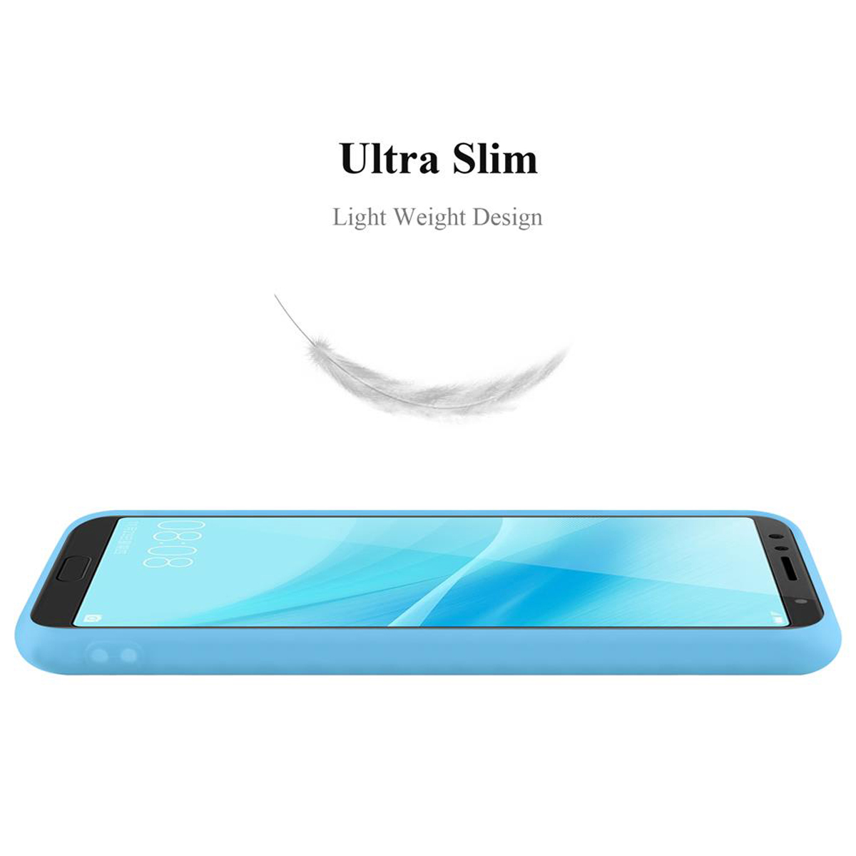 Custodia per telefono azzurra su sfondo bianco con piuma e testo 'Ultra Slim'.