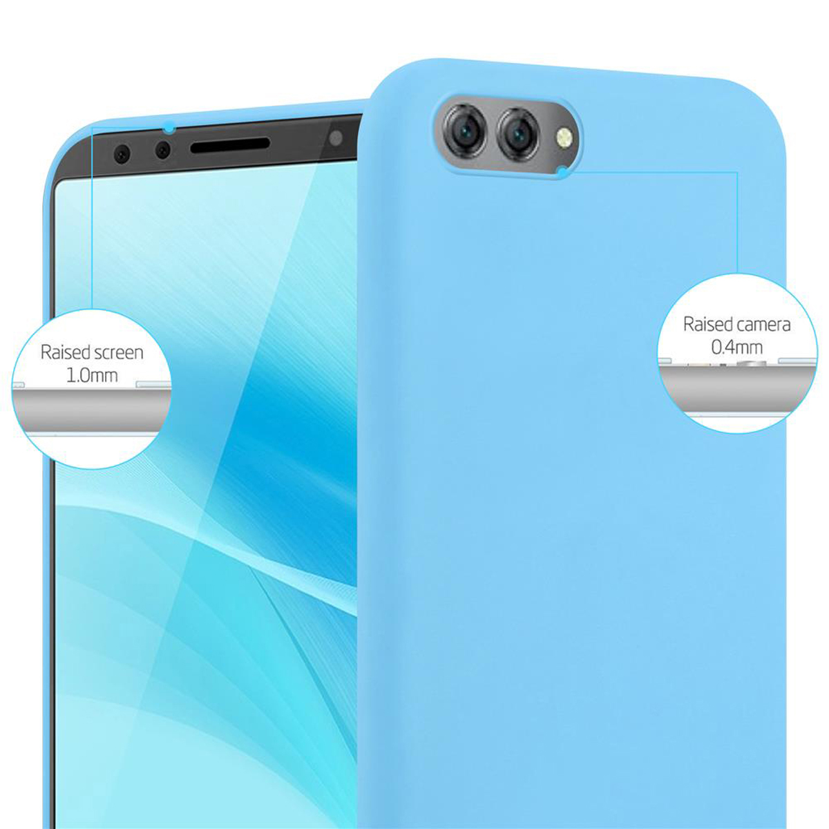 Custodia per telefono azzurra con bordi rialzati dello schermo e della fotocamera. Due cerchi evidenziano le caratteristiche.